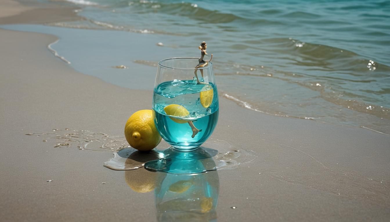 Cyan Sea Reflected in Glass Lemon: Double Exposure