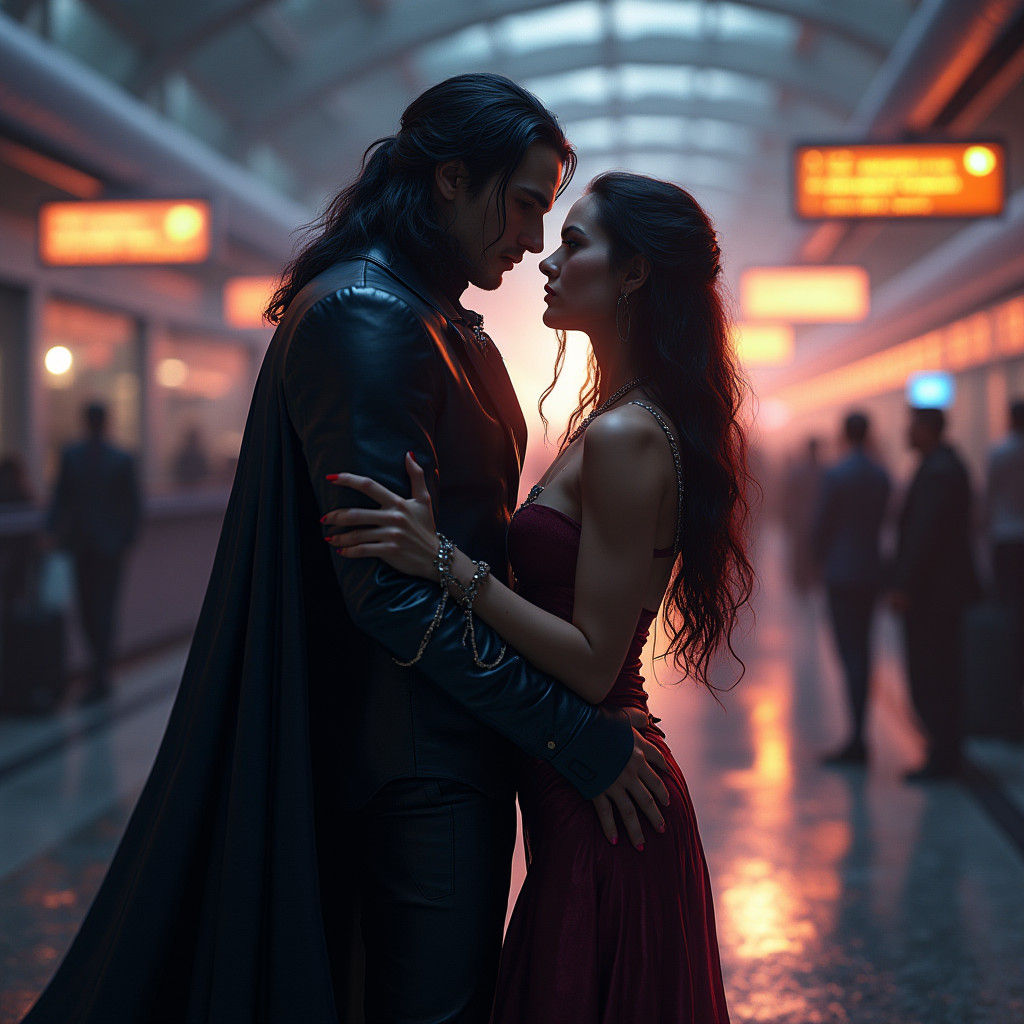 Vampire Couple in Airport Baggage Claim in Digital Art Style