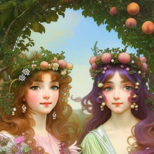 Twin Fairies Share Peaches in Orchard, Art Nouveau Style