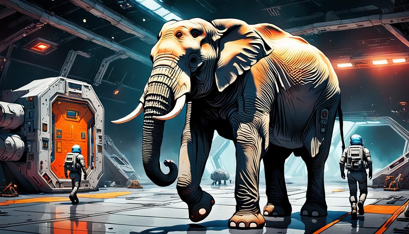 Cyborg Elephant in Futuristic Spaceport: Hyperrealistic Sci-...