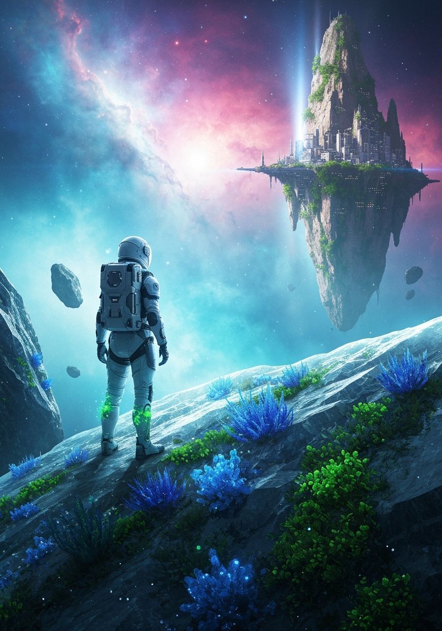 Astronaut Gazes at Nebula from Crystal Asteroid