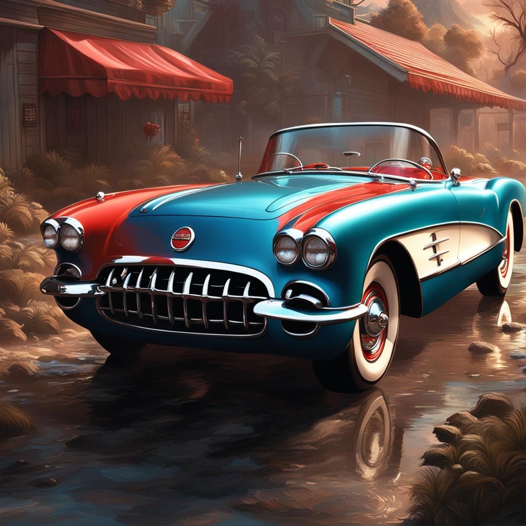 Elvis in 1955 Corvette: Detailed Matte Painting