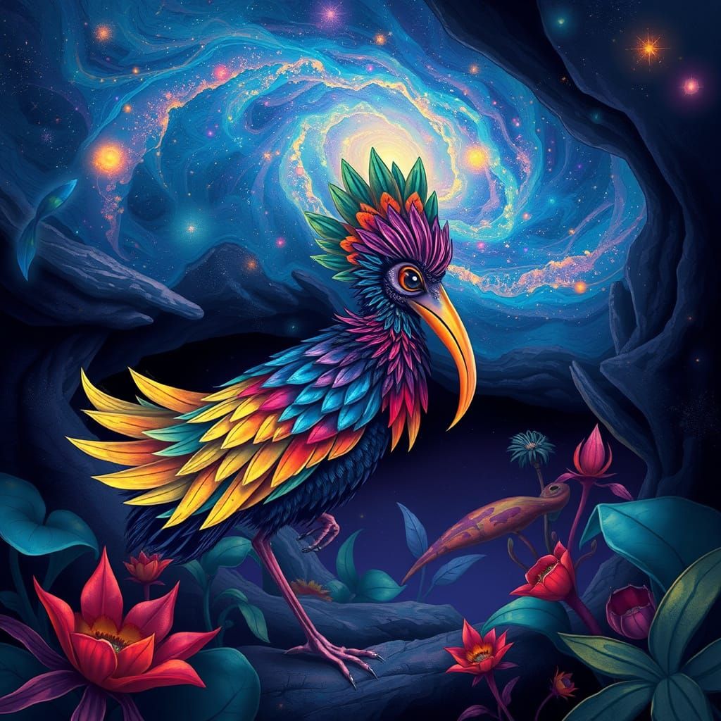 Ibis-Indri Hybrid in Dreamlike Grotto