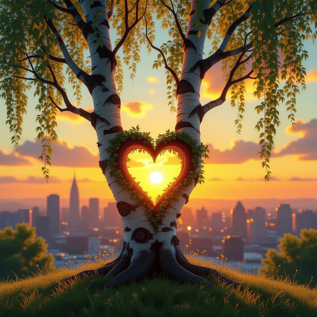 Heart Portal Birch Tree in Whimsical Realism