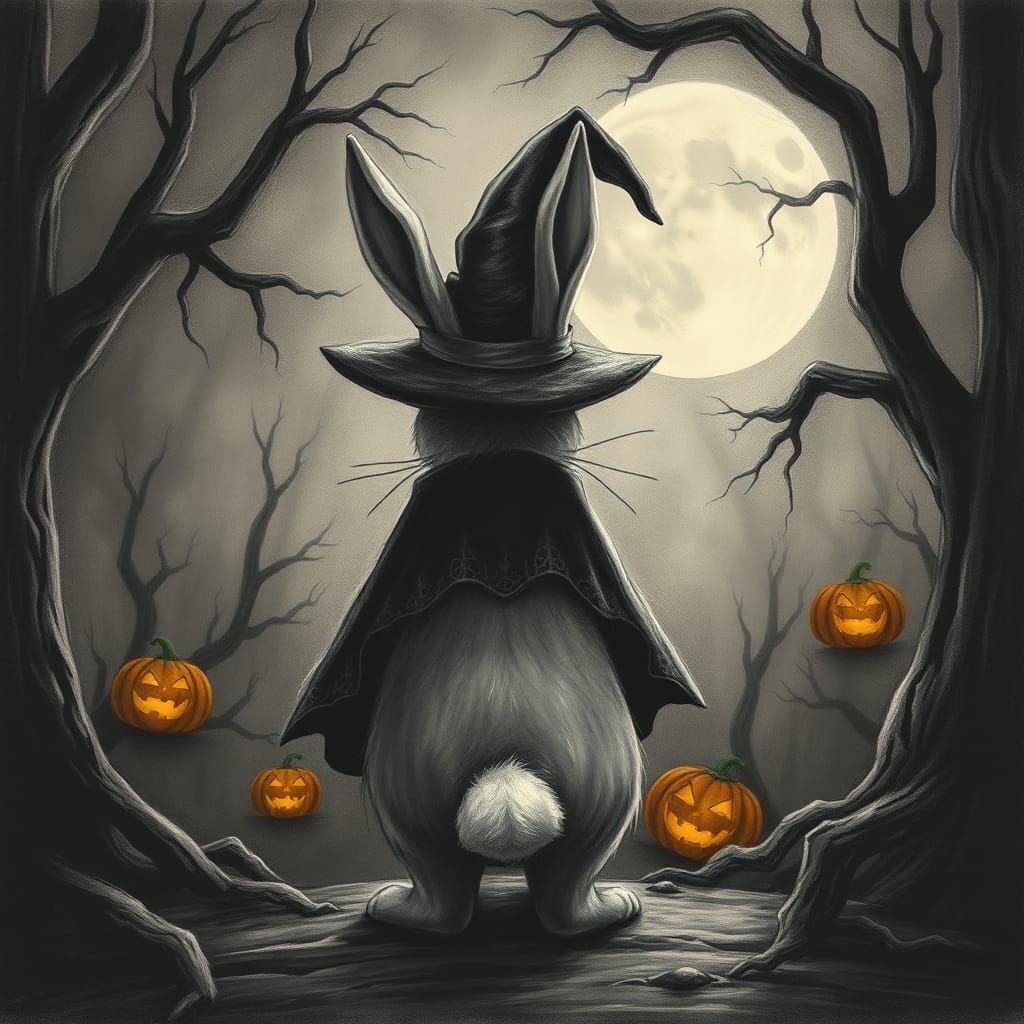 Whimsical Witch Bunny in Haunted Forest, Charcoal Drawing