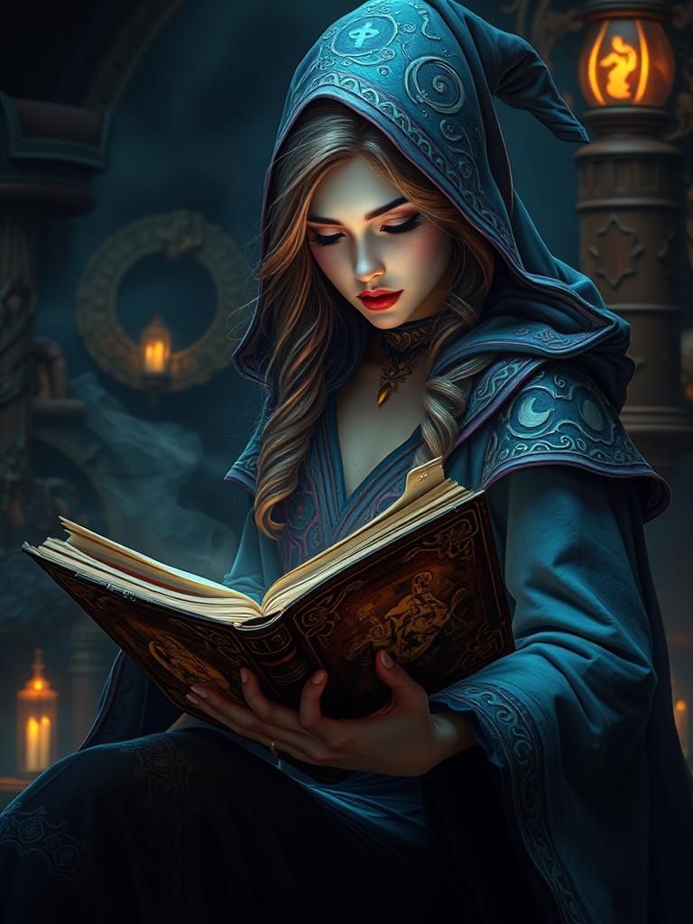 Enchanting Female Wizard Reading Magic Book