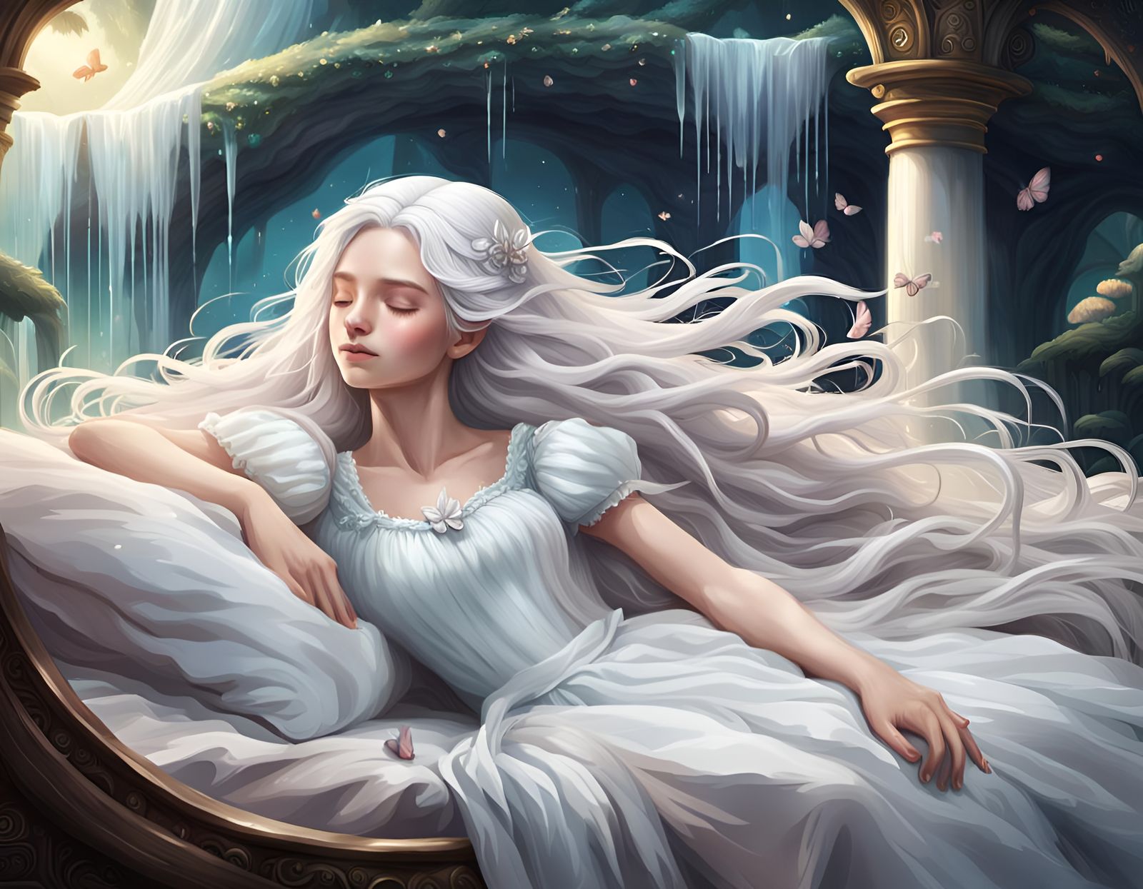 Sleeping White Princess on Fairy Bed