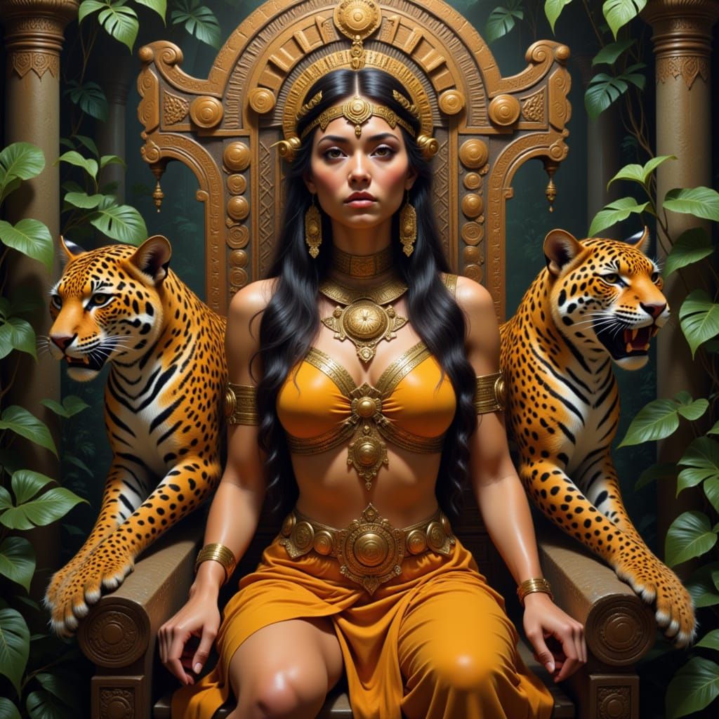 Aztec Queen on Throne with Jaguars