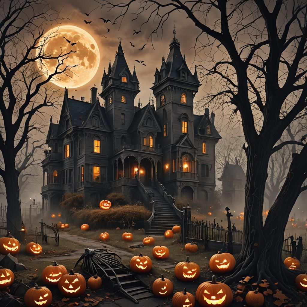 Haunted Graveyard Scene with Skeletons and Jack-o-Lanterns