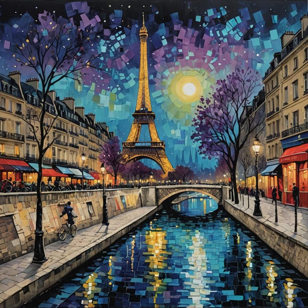 Parisian Street at Night in Mixed Media Painting
