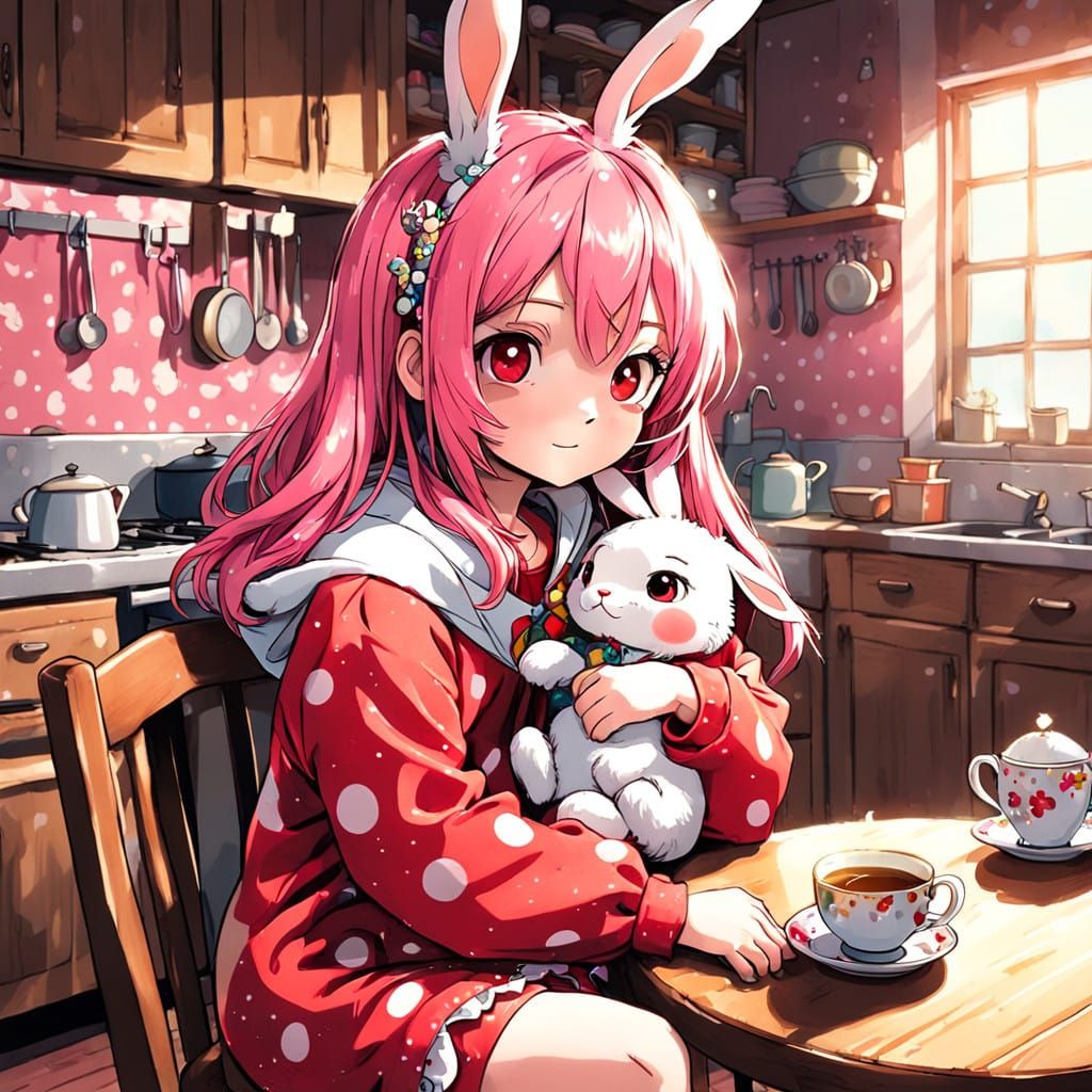 Adorable Anime Girl Sits Quietly with Soft Horse Ears and To...