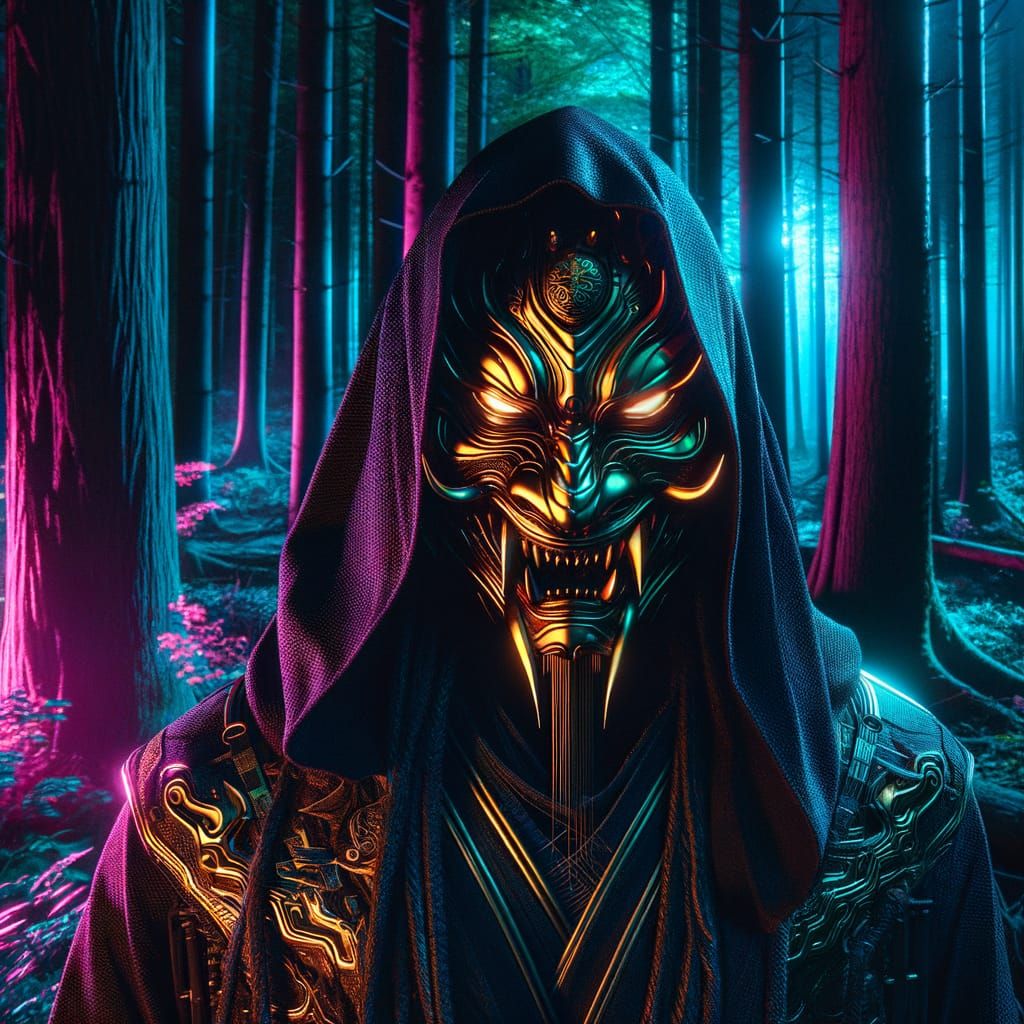 Haunting Sci-Fi Figure with Oni Mask in Neon Forest