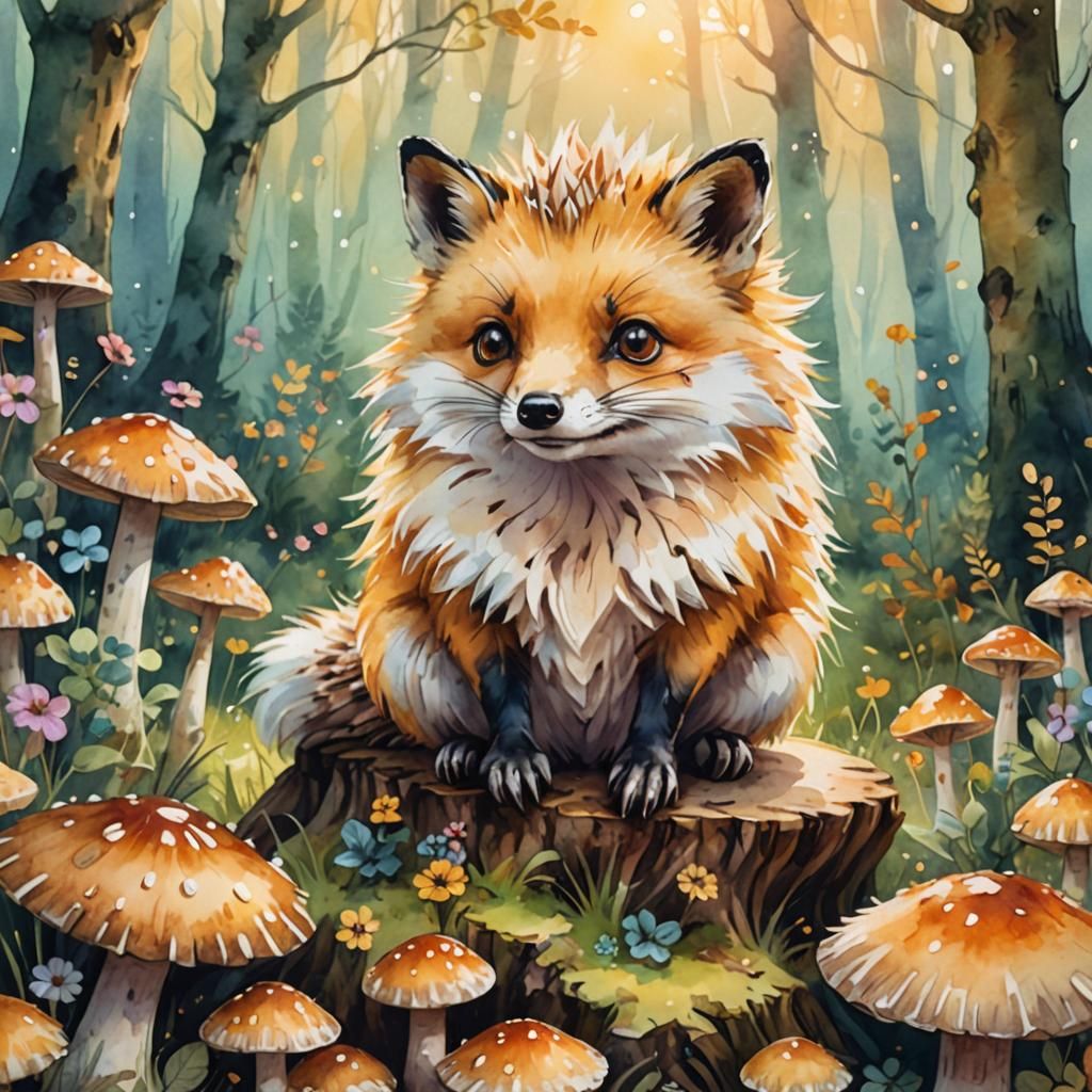 Charming Fox-Hedgehog Hybrid in Watercolor Forest