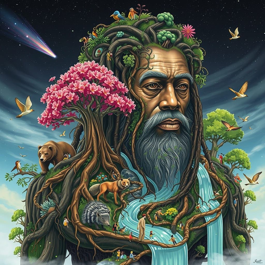 Colossal Ancient Figure in a Fantastical Landscape