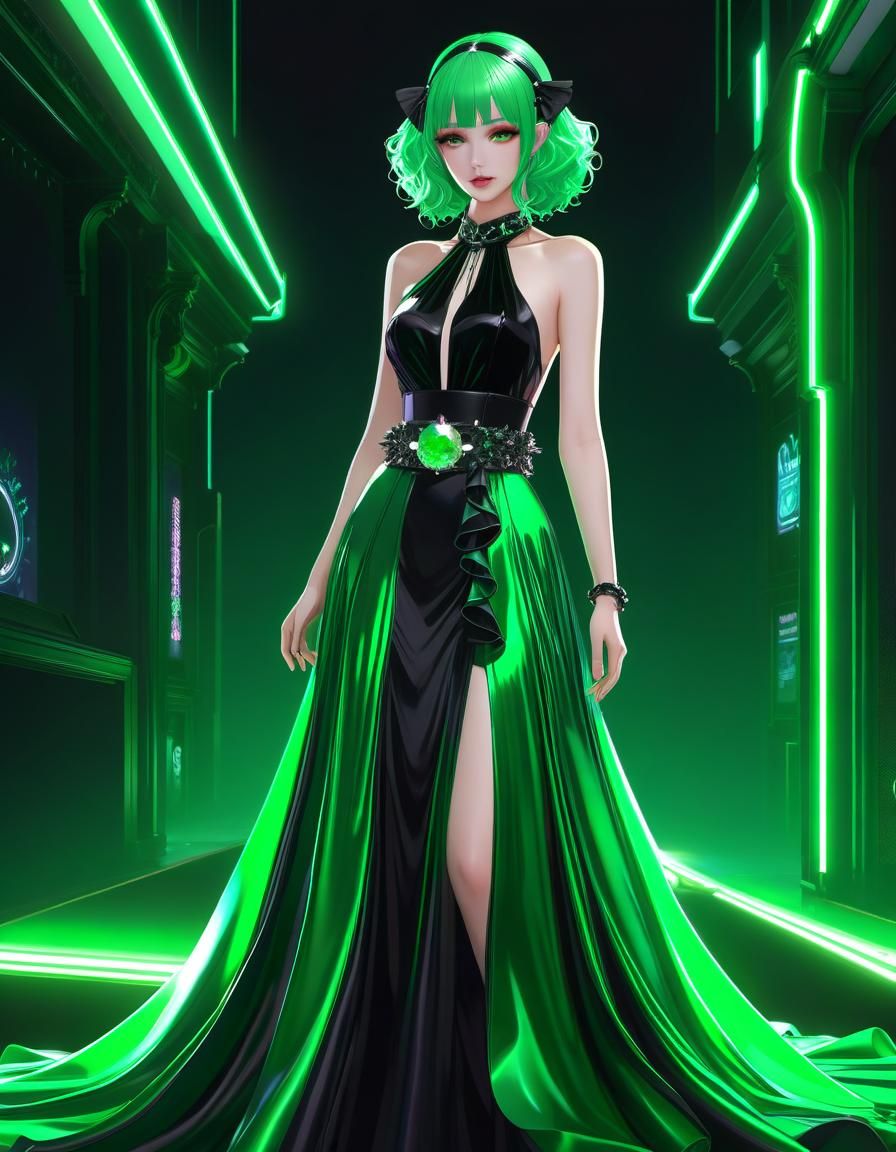Green Goth Dress Amidst Neon Lights: 3D Anime Art