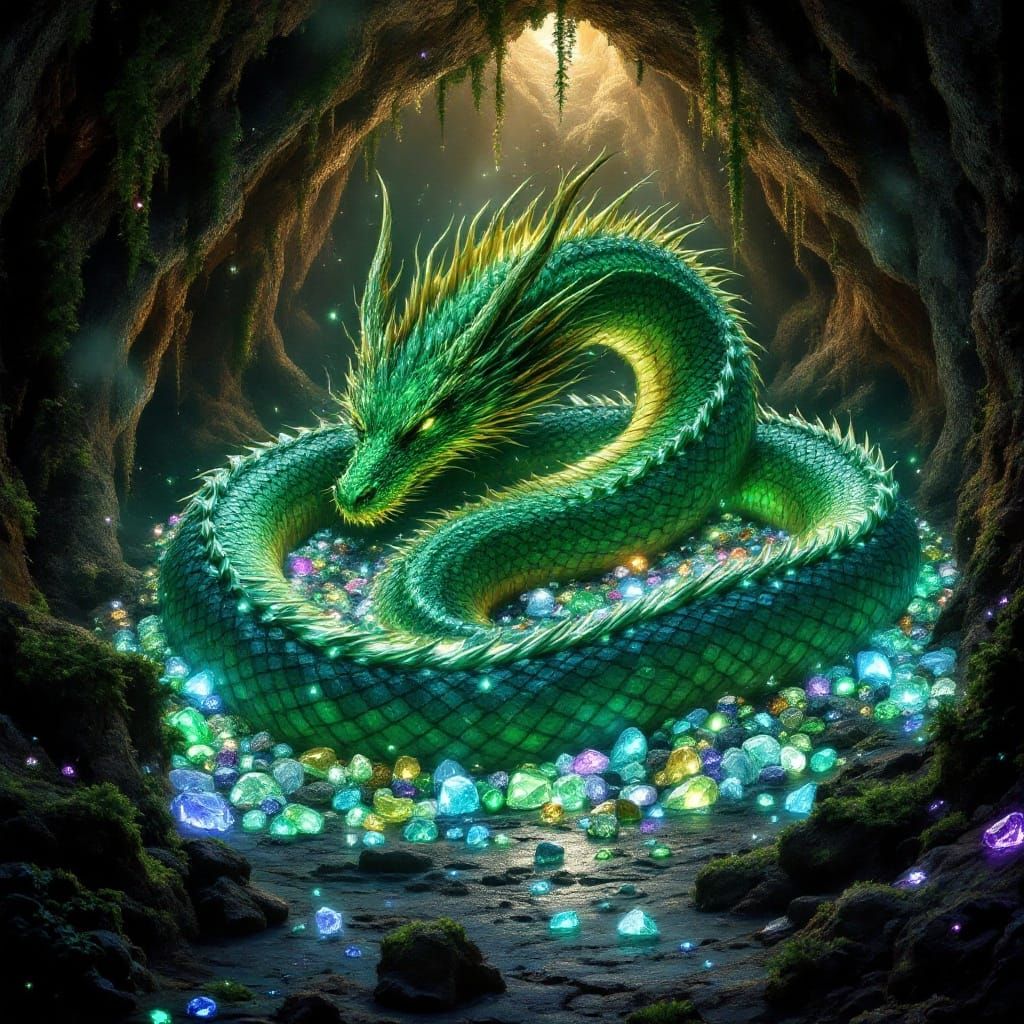 Emerald Dragon Guards Treasure Trove in Glowing Cavern
