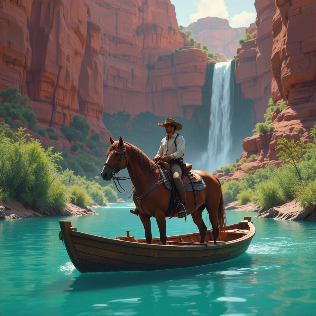 Cowboy on Horseback Drifting Through Canyon Oasis