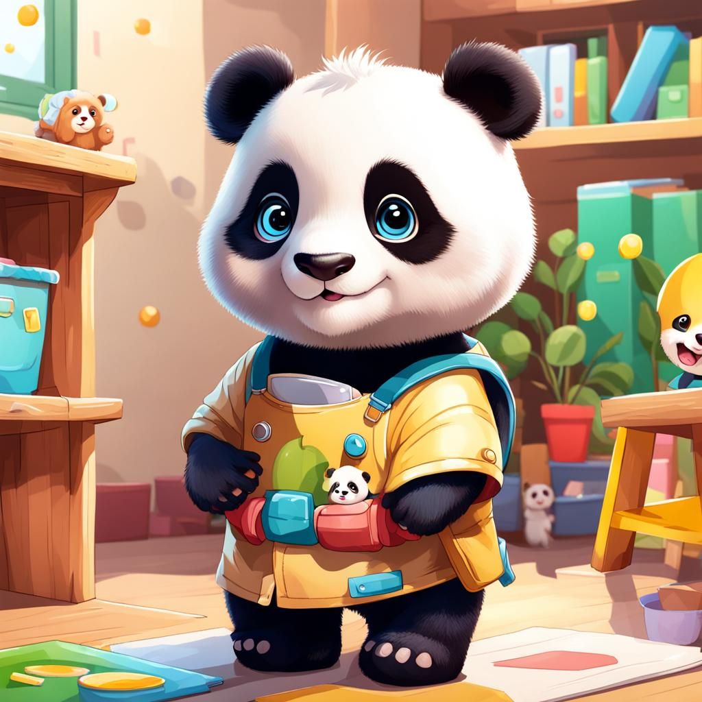 Cute Baby Panda in Kindergarten Classroom