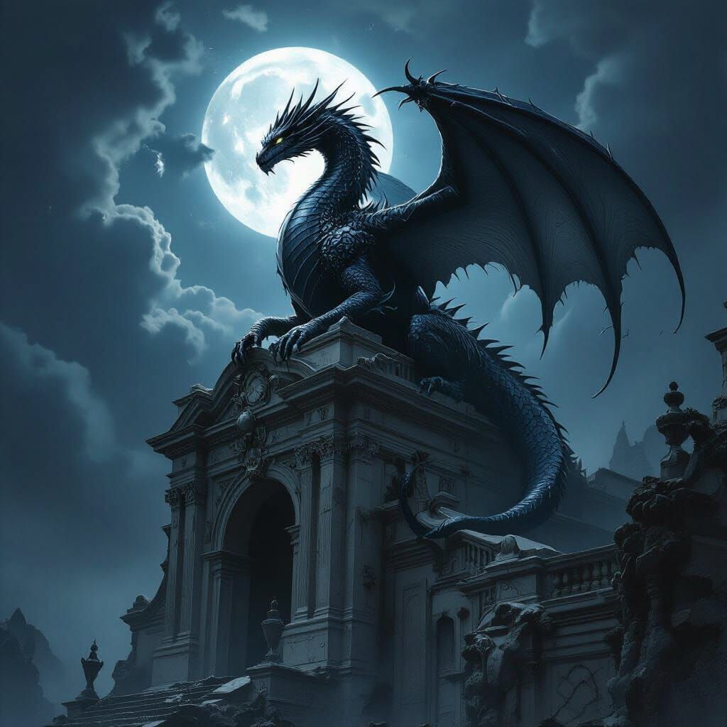 Obsidian Dragon on Baroque Palace in Dark Surrealist Style