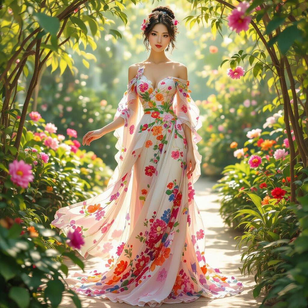Elegant Floral Dress on Chinese Woman in Garden
