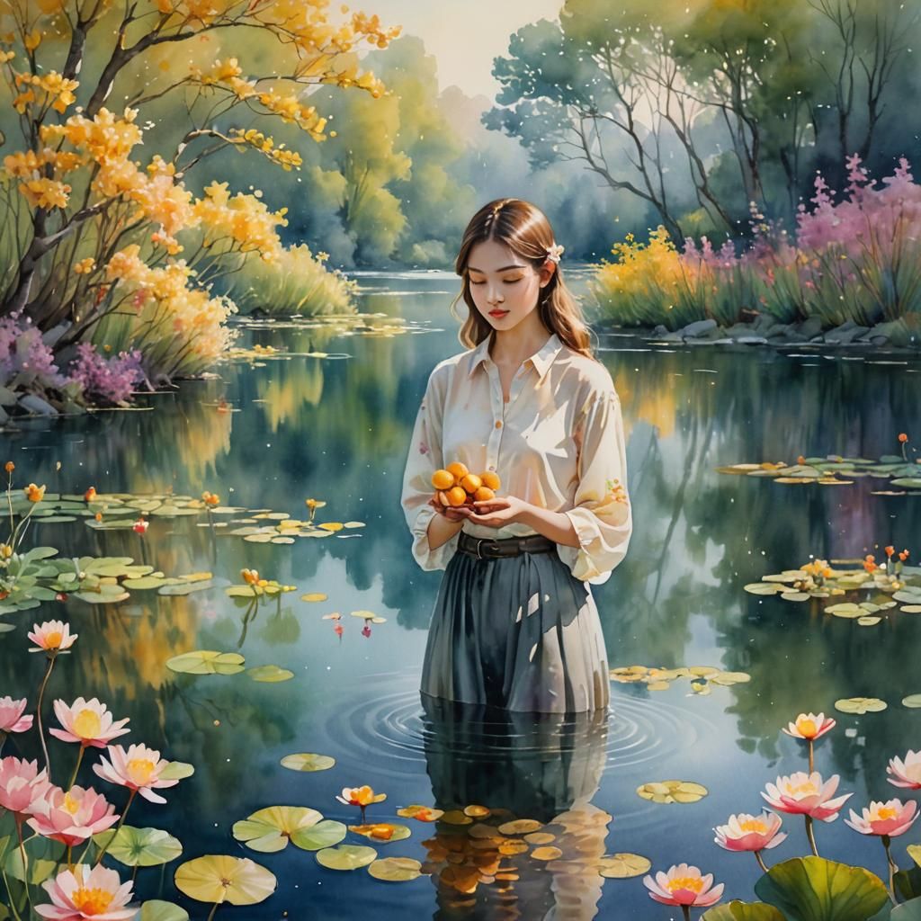 Watercolor Lady with Mushroom in Floral Lake