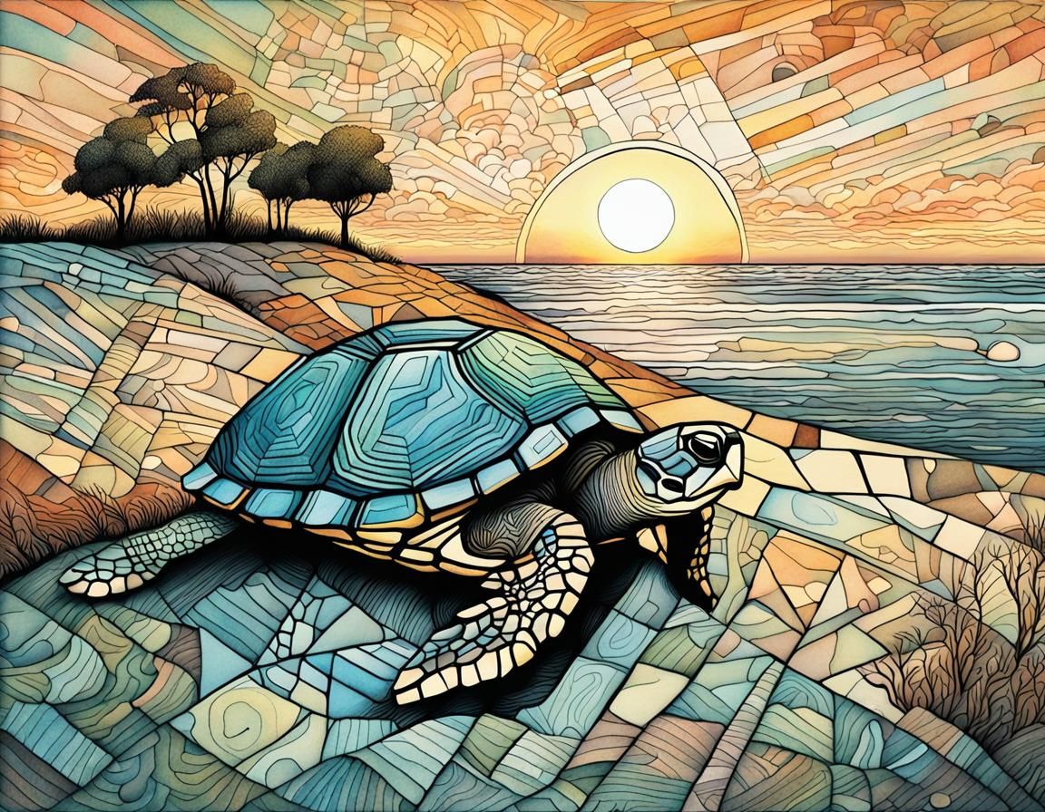 Dreamlike Turtle Beach Illustration in Pen and Ink