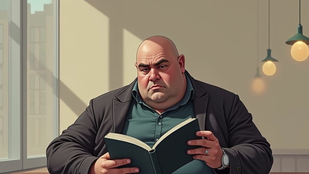 Neurotic Man Reading Comics in Warm Cafe Light