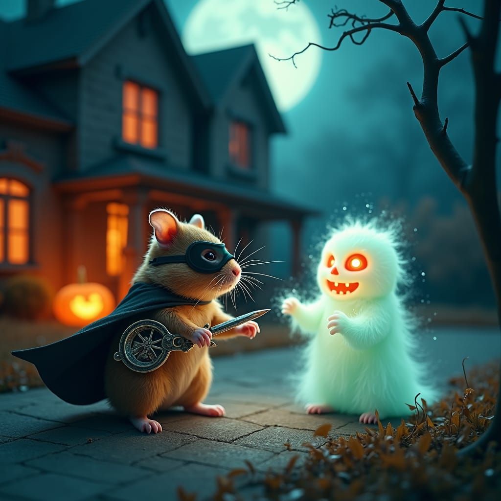 Heroic Hamster Confronts Ghostly Trick-or-Treater
