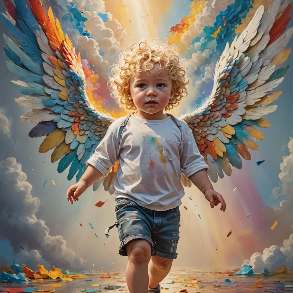 Colorful Angel Wings on Baby: Hyperrealistic Splash Art
