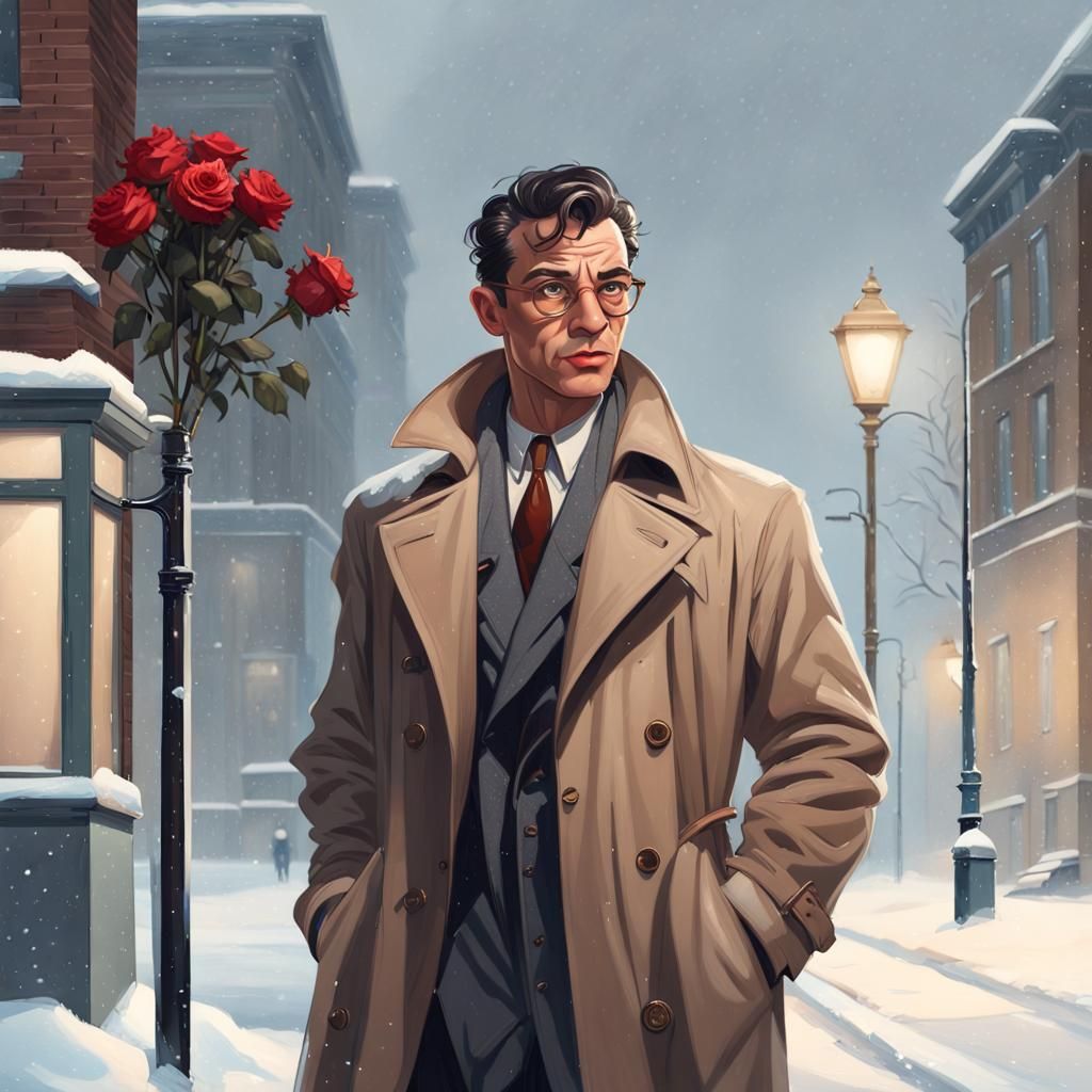 1950s Detective with Roses in Snowy Street