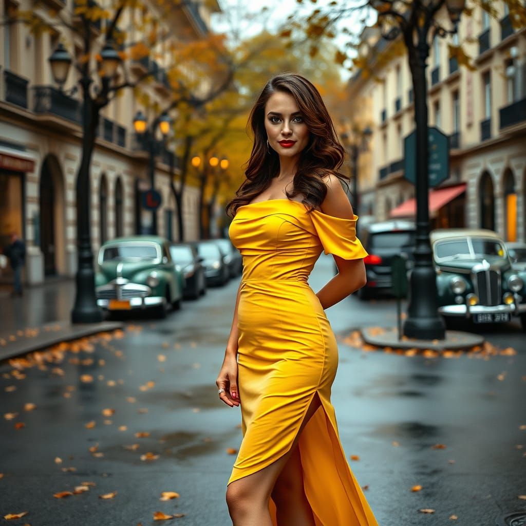 Elegant Woman Strolls Through Autumn City in Yellow Off-Shou...