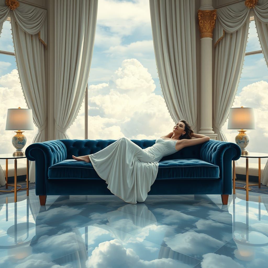 Ethereal Luxury Mansion Floating Amidst Puffy White Clouds