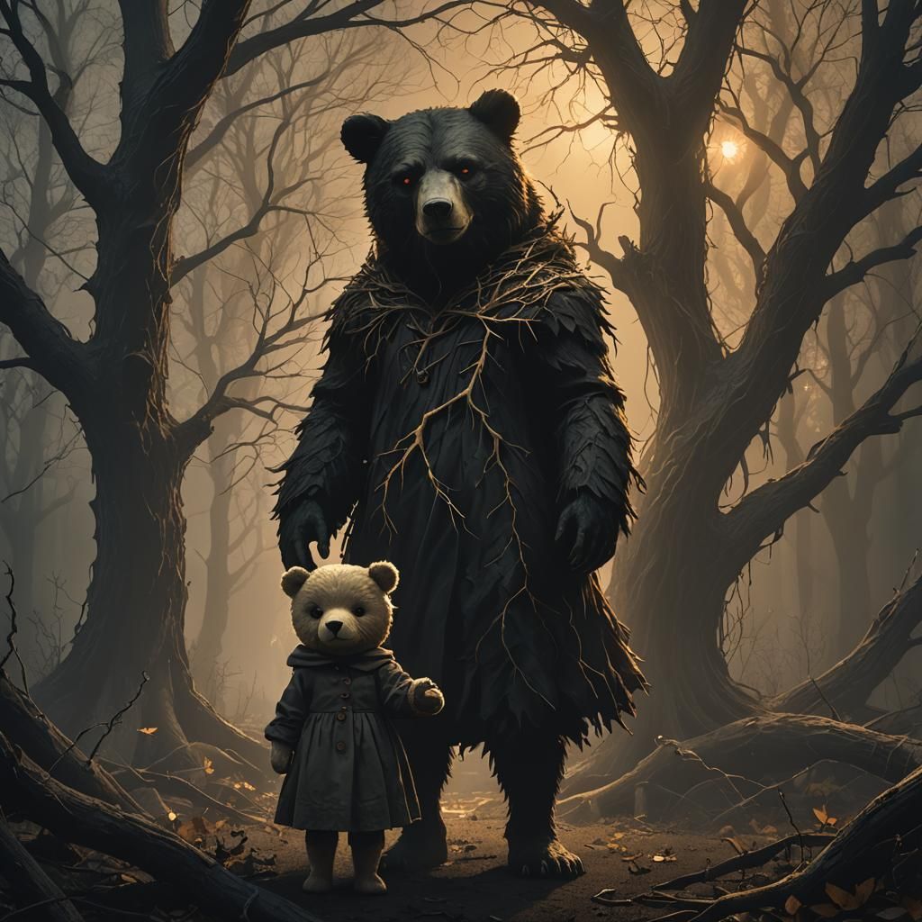 Eerie Demon Looms Behind Girl with Toy Bear