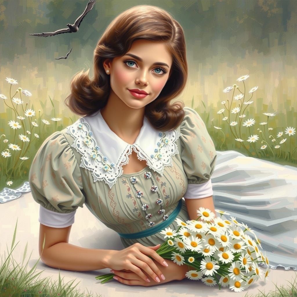 Ethereal Retro Woman in Soft Summer Bloom