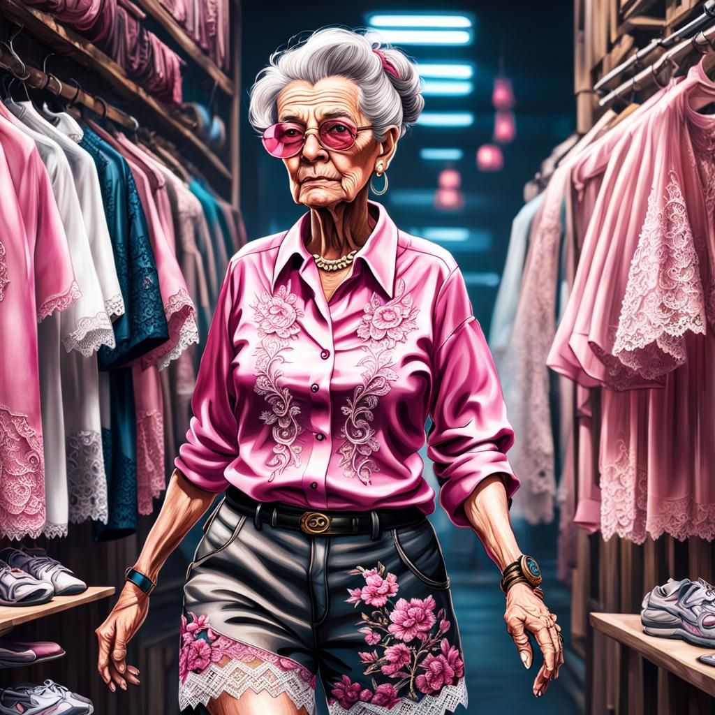 Cyberpunk Grandma in Embroidered Shirt