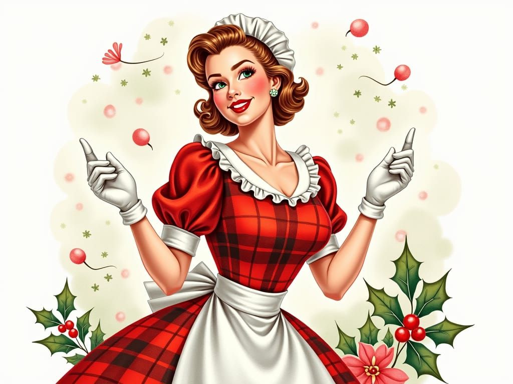 Vintage Christmas Housewife Watercolor Vector Illustration