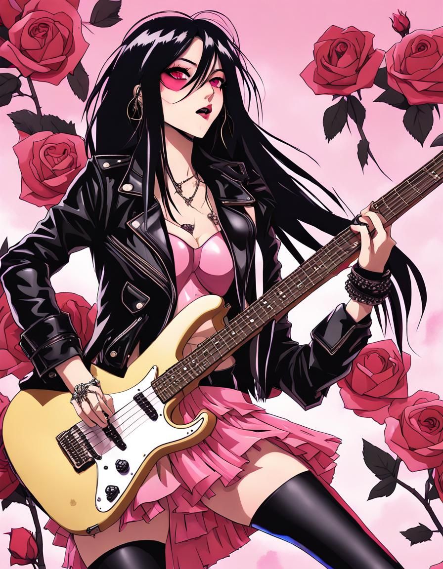 Anime Rocker Girl with Pink Hair and Guitar