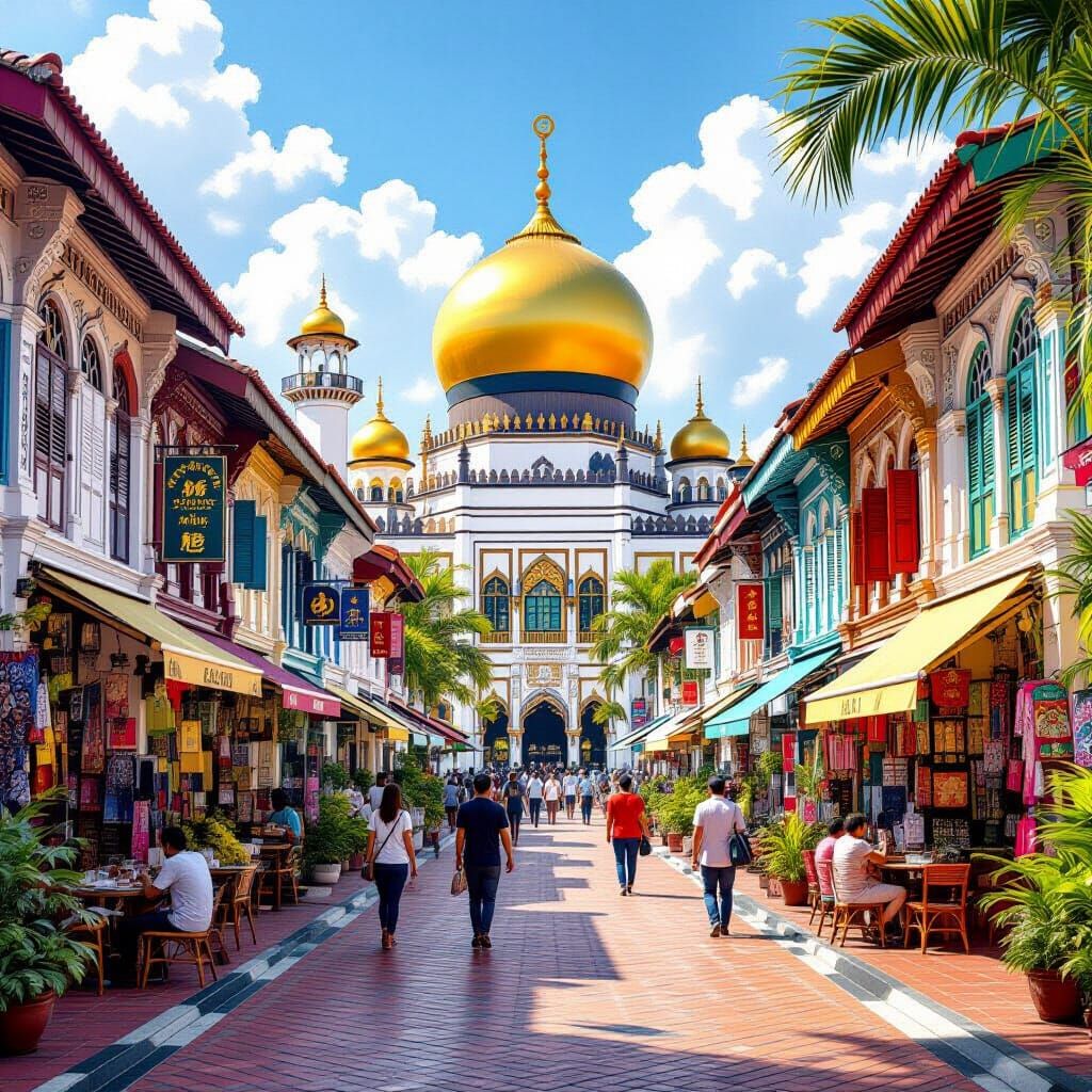 Kampong Glam: Vibrant Street Scene with Golden Mosque