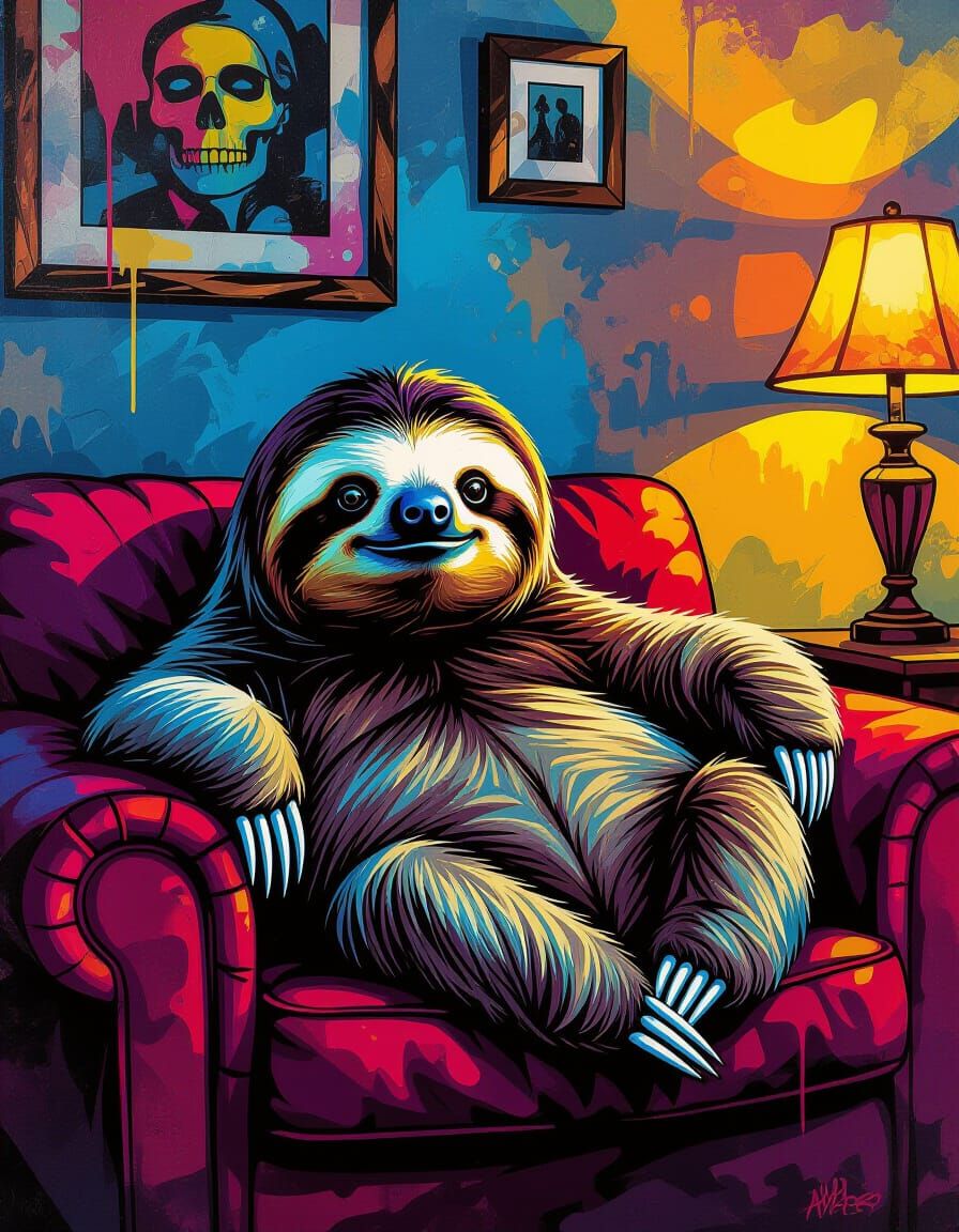 Cute Sloth Chilling on Couch in Evening Living Room