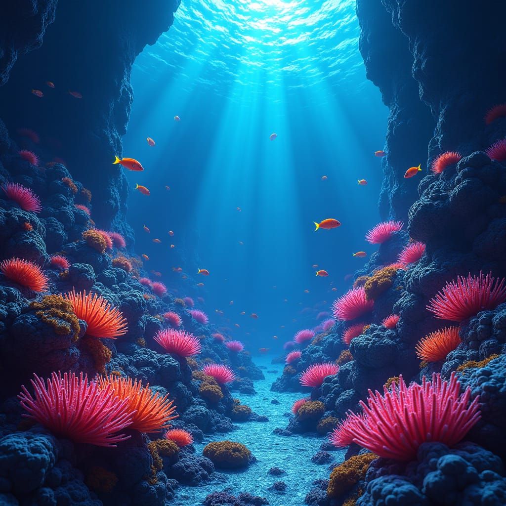 Glowing Coral Reef in Dark Ocean Depths