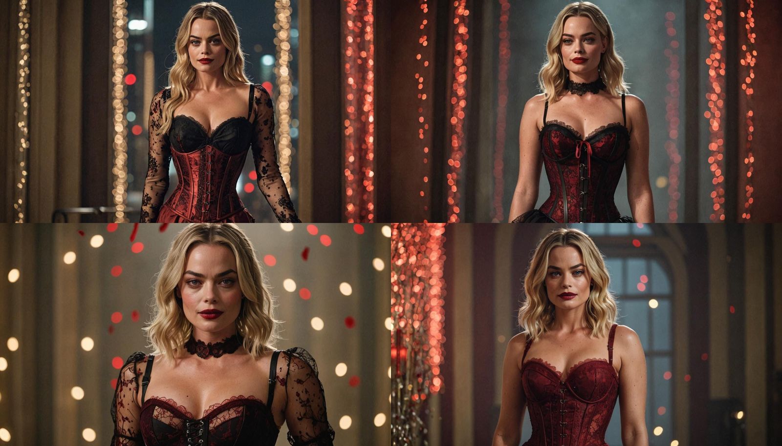 A very pretty beautiful Margot Robbie dressed in a lace corset