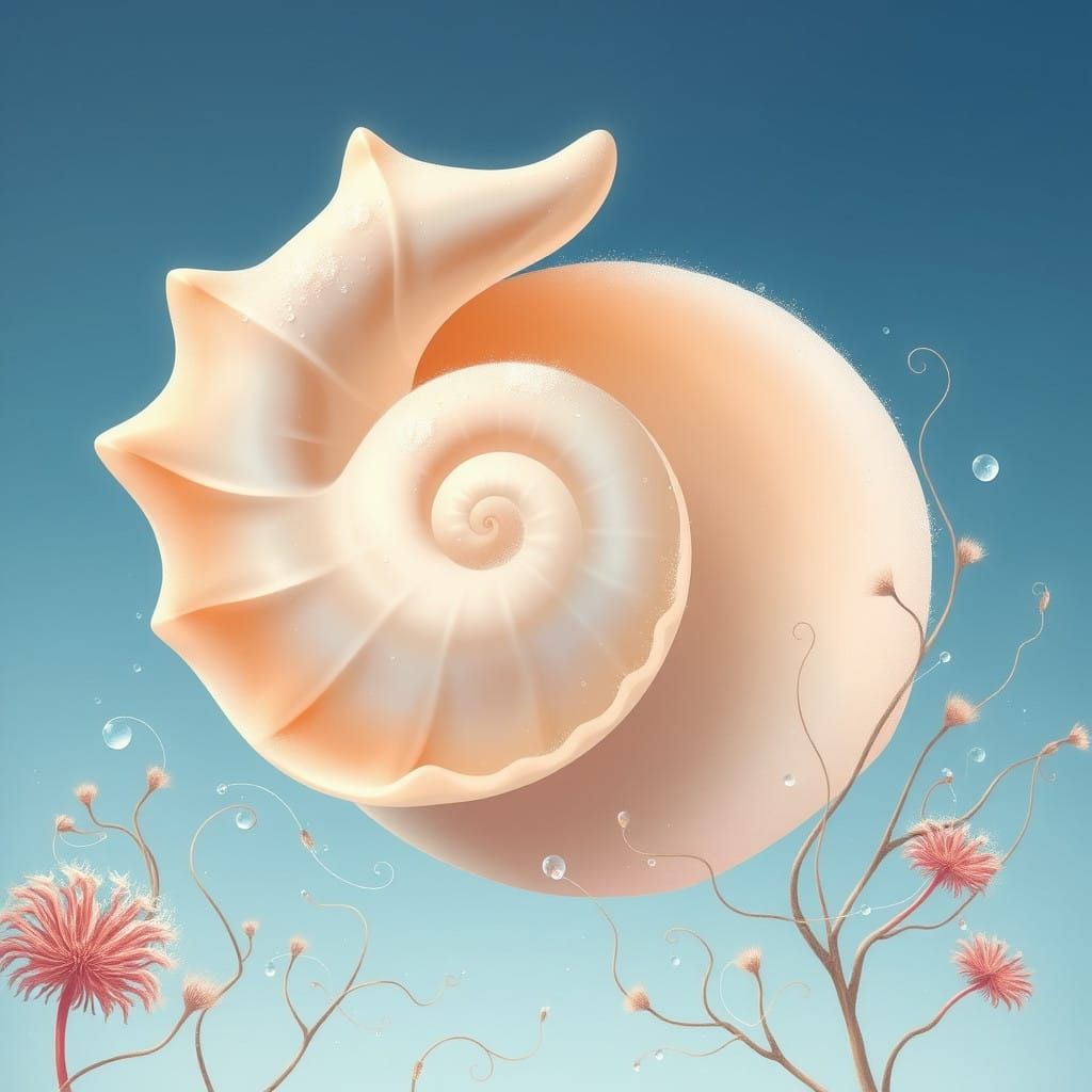 Pearlescent Conch Shell in Dreamlike Ocean Landscape