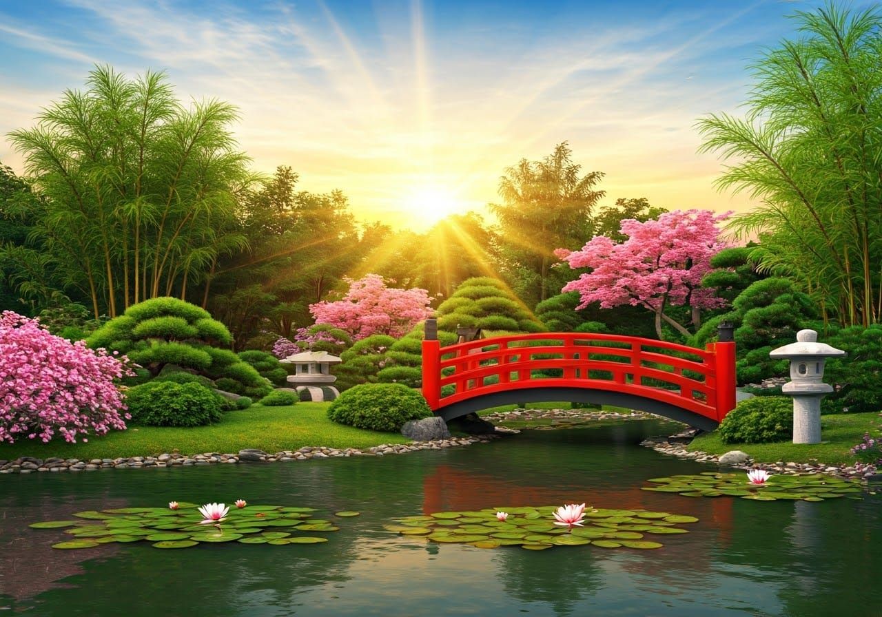 Japanese Garden Sunrise with Red Bridge in Ethereal Style