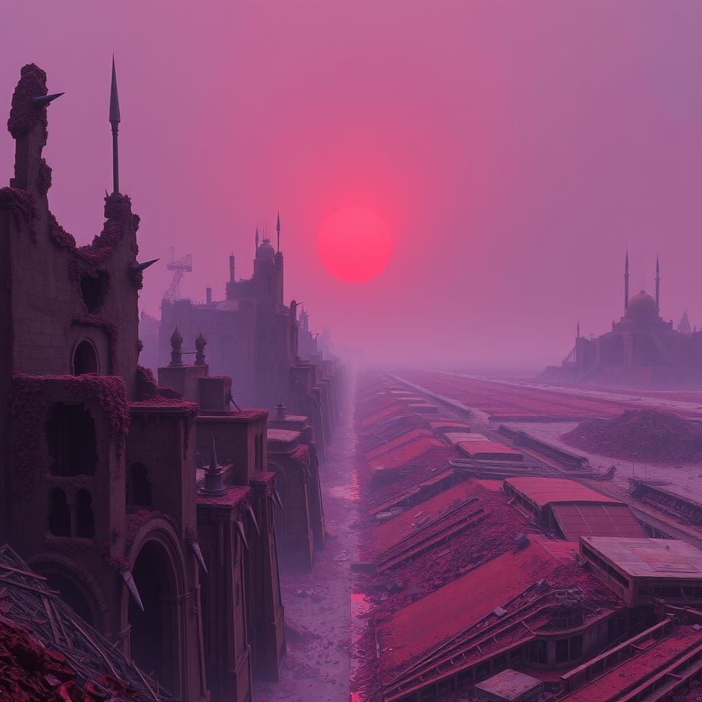 Dystopian Metropolis in Maroon and Purple Hues