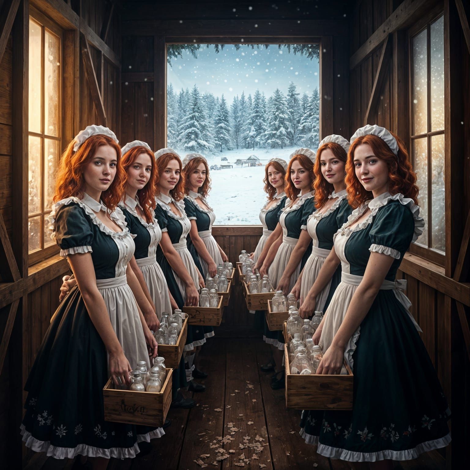Elegant Maidens Milking Amidst Winter Wonderland