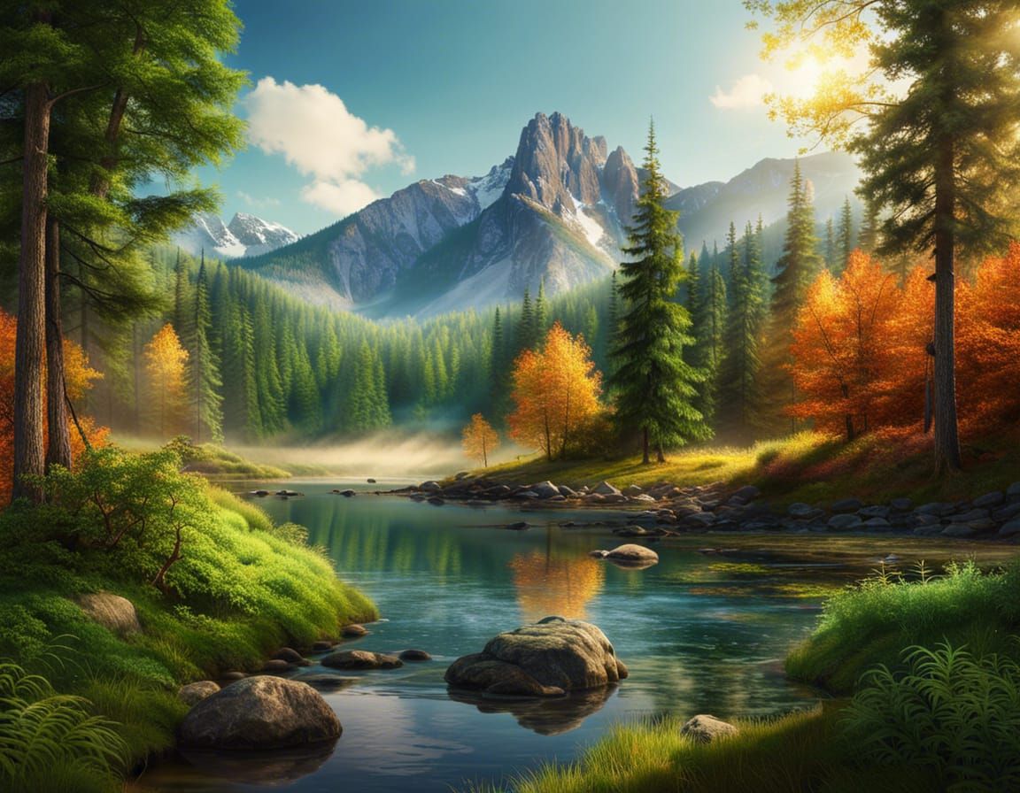 Peaceful Forest Scene with Distant Mountains