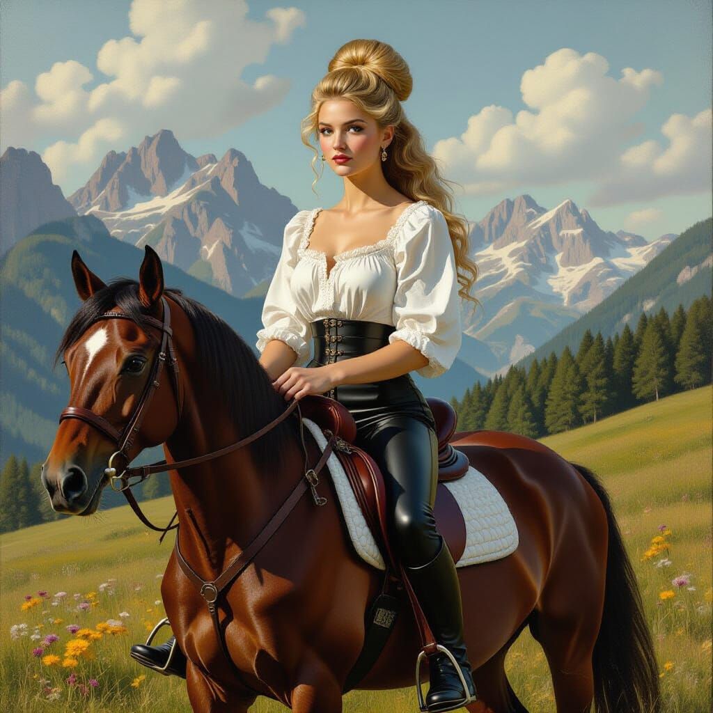 Renaissance Woman Rides Horse in Mountain Meadow