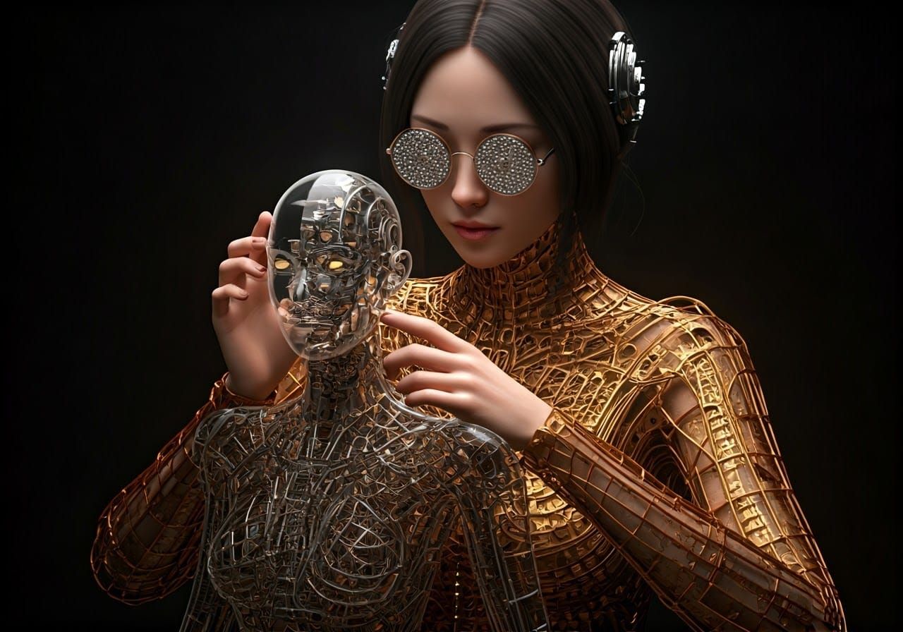 Woman Assembling AI Robot Girl in Cyberpunk Style