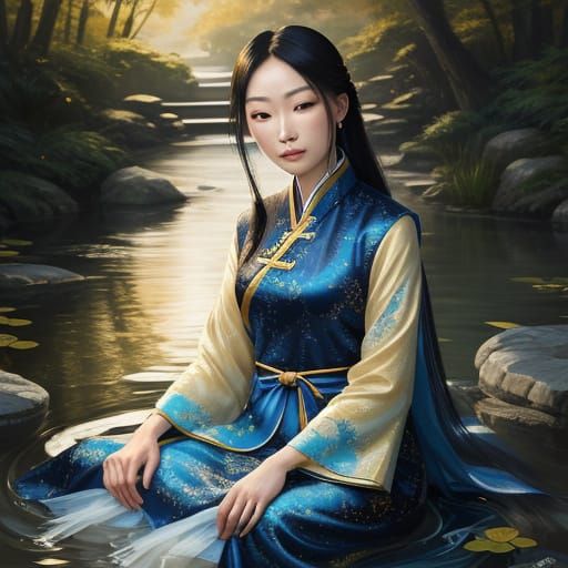Asian Lady in Ancient Dress by Stream - Abstract Splash Art