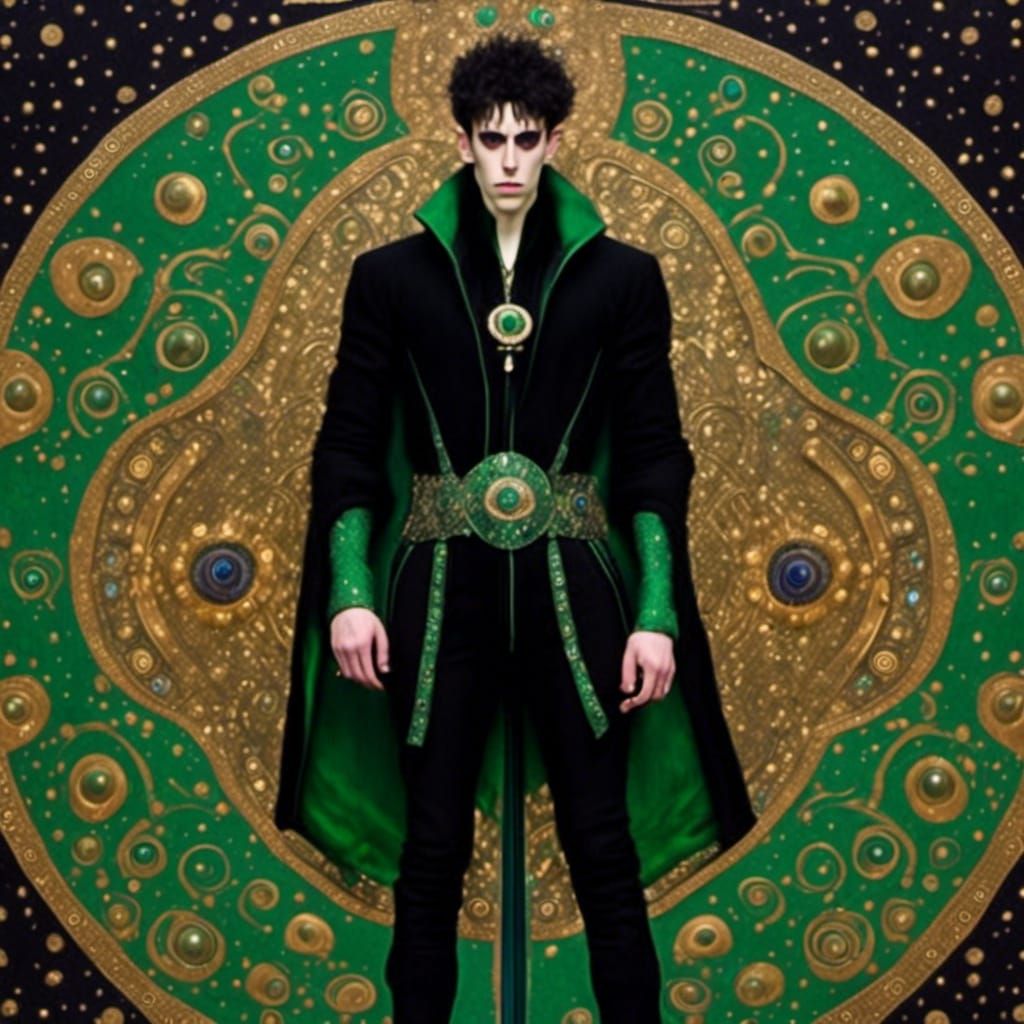 Confident Young Man in Satin with Emerald Dagger